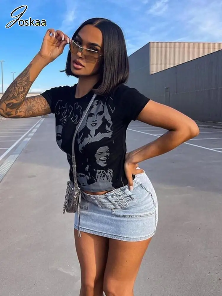 Joskaa imprimé esthétique Y2K T-Shirts femmes Hipster col rond manches courtes culture hauts 2025 graphique T-Shirts noir T-Shirts Streetwear
