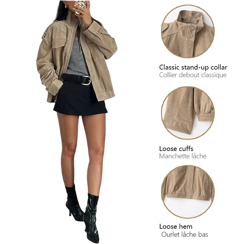 سترة عمل من جلد الغزال بتصميم متخصص وياقة واقفة وسترة فضفاضة مناسبة على طراز الشارع ملابس نسائية عصرية متعددة الاستخدامات للخريف والشتاء #6