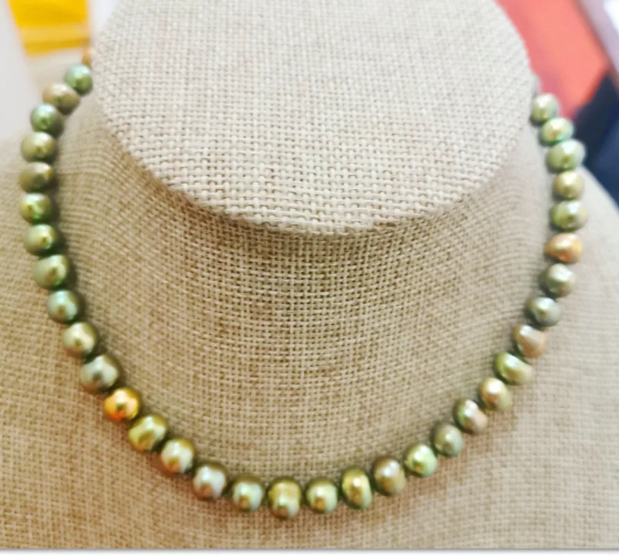 

Elegent 17"7-9mm Genuine olive green near round Pearl Necklace for Women Jewelry Wedding Party Gift 925 Sterling Silver