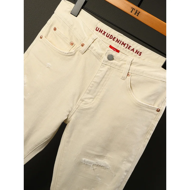 

High-End Beige Pants Men, Simple Ripped Trendy Street Style, Japanese Style Skinny Jeans
