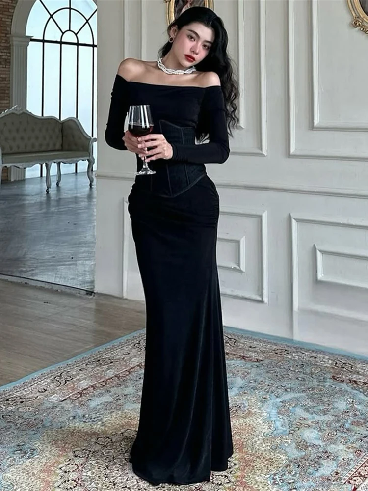 Raar Poes Sexy Shirring Jurk Vrouwen Patchwork Slash Hals Backless Volledige Mouw Elegante Vintage Stretch Skinny Avond Bodycon