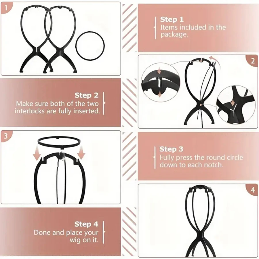 3 Pack 13.8IN Portable Collapsible Wig Stand Holder for Multiple Wigs Black And Pink Durable Wig Stands for Women image 6