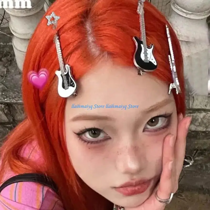 

573B Mini Guitar Hair Clip Fashionable Hairpin with Star Decoration Bowknots Hair Clips for Girls Retro Punk Ornaments