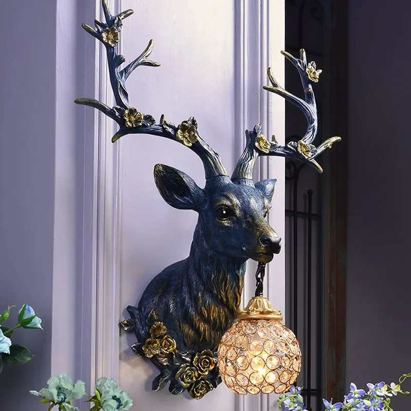 American Resin Deer Head Wall Lamp Retro Living Room TV Wall Sconce Led Restaurant Decorative Deer Horn Wall Light Fixtures