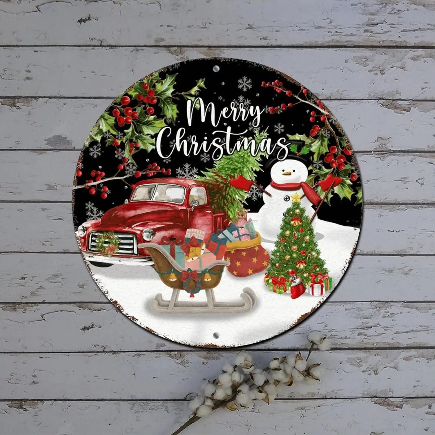 Christmas Metal Tin Signs Vintage Red Truck Snowman Holly Round Metal Tin Sign Christmas Indoor Decorations Distressed Stylish T