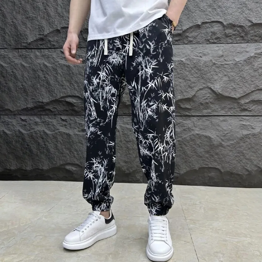 

Mens Leggings Chinese Style Plant Bamboo Pattern Pants Spring Contrast Color Casual Chic Jogging Pants Youth Men'S Clothing 2024