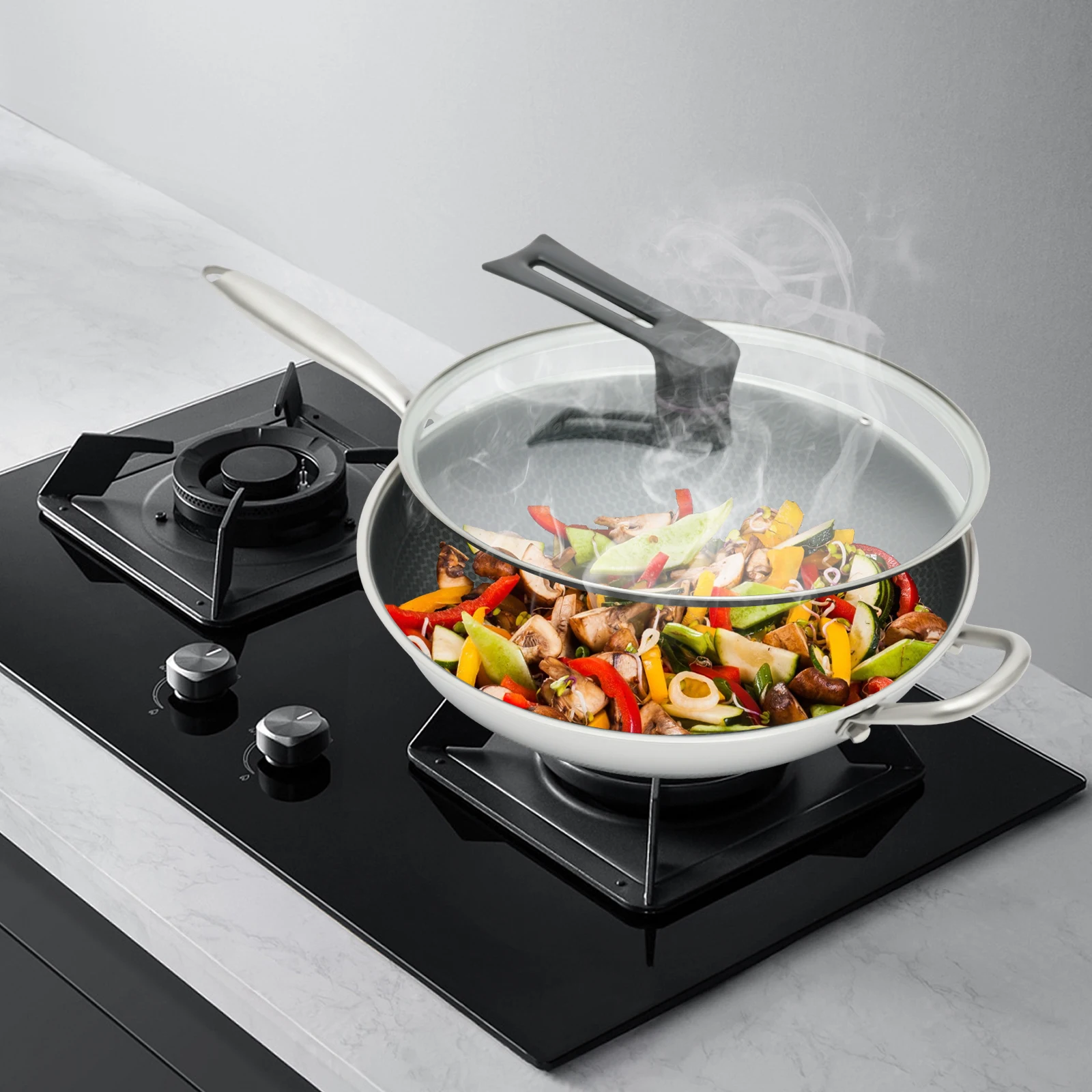 

Non Stick Double Sided Honeycomb Cooking Frying Pan Wok Stainless Steel w/ Lid