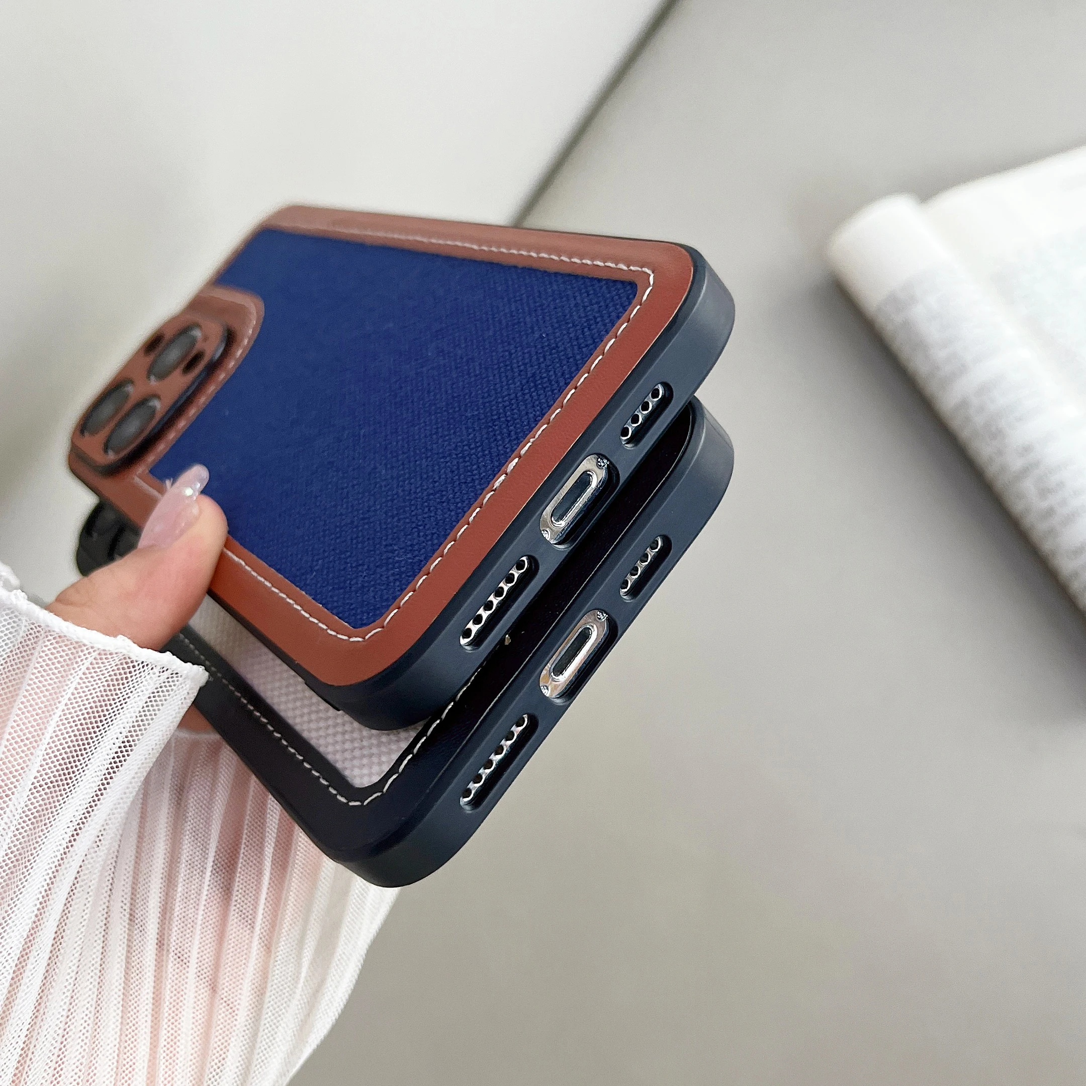 Capa de telefone anti-queda de couro pu premium, capa protetora retrô de lona com tudo incluído para iPhone 15 pro 14Plus 13 12 11Pro Max