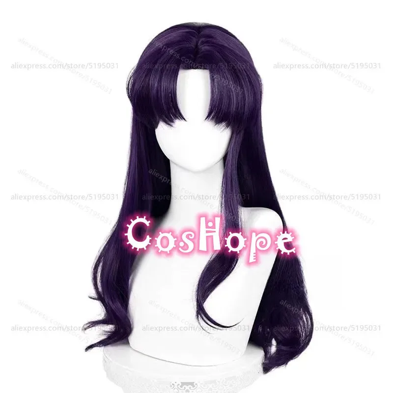 Katsuragi Misato 55cm طويل مجعد أسود أرجواني شعر مستعار أنيمي تأثيري مقاومة للحرارة بيروكات صناعية هالوين