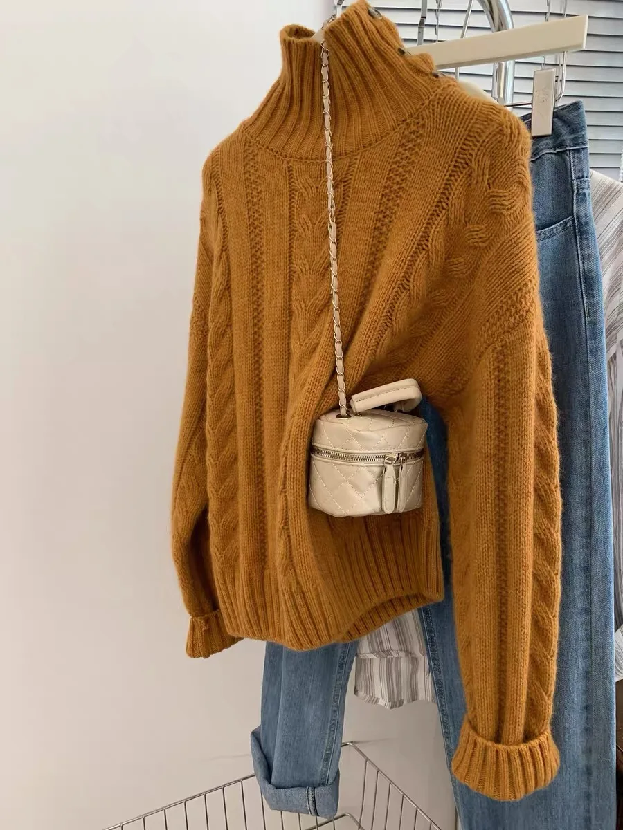 Women's 100% Merino Wool Turtleneck Pullover Sweater Oversize Loose Simple Cashmere Knitwear for Autumn Winter Top