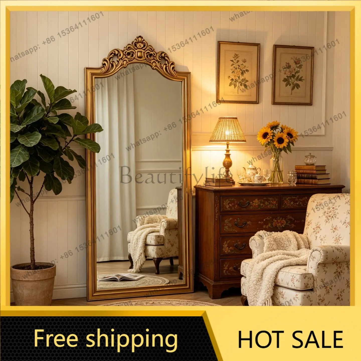 French retro home entry living room floor-to-ceiling full-body mirror American entrance fitting advanced sense engraved mirror