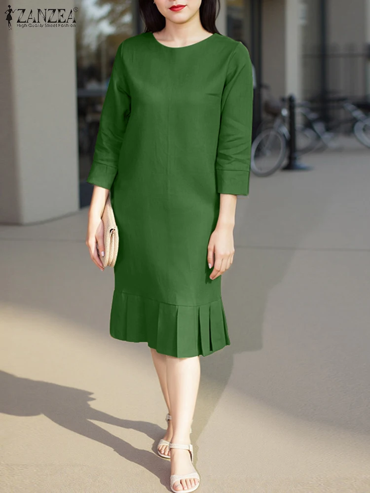 فستان صيفي للعمل من ZANZEA OL فستان نسائي أنيق لمنتصف الساق من ZANZEA 2025 بلون سادة وأكمام قصيرة مكشكشة فساتين غير رسمية برقبة دائرية
