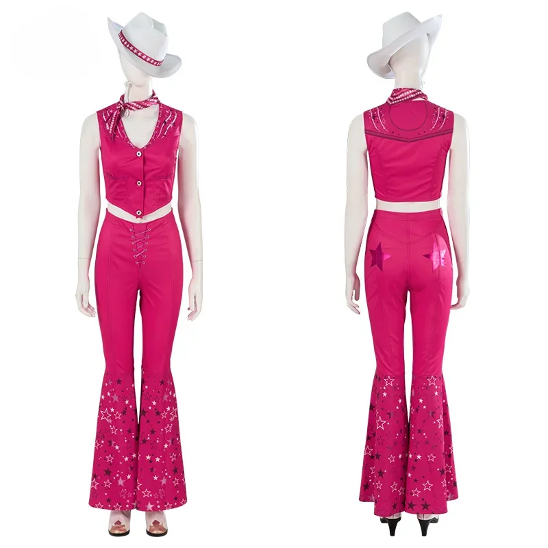 In Stock Movie Barbi Cosplay Rose Red Bell Bottoms Barbe Cosplay Suit Tight Fitting Set with Hat and Scarf Halloween Costumes