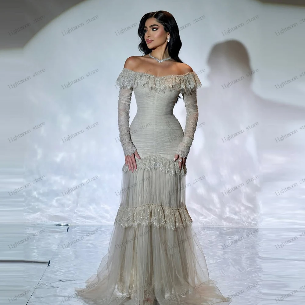 Vestidos De graduación elegantes, vestido De noche elegante, batas escalonadas De tul con hombros descubiertos, mangas completas, Vestidos De Gala personalizados 2025