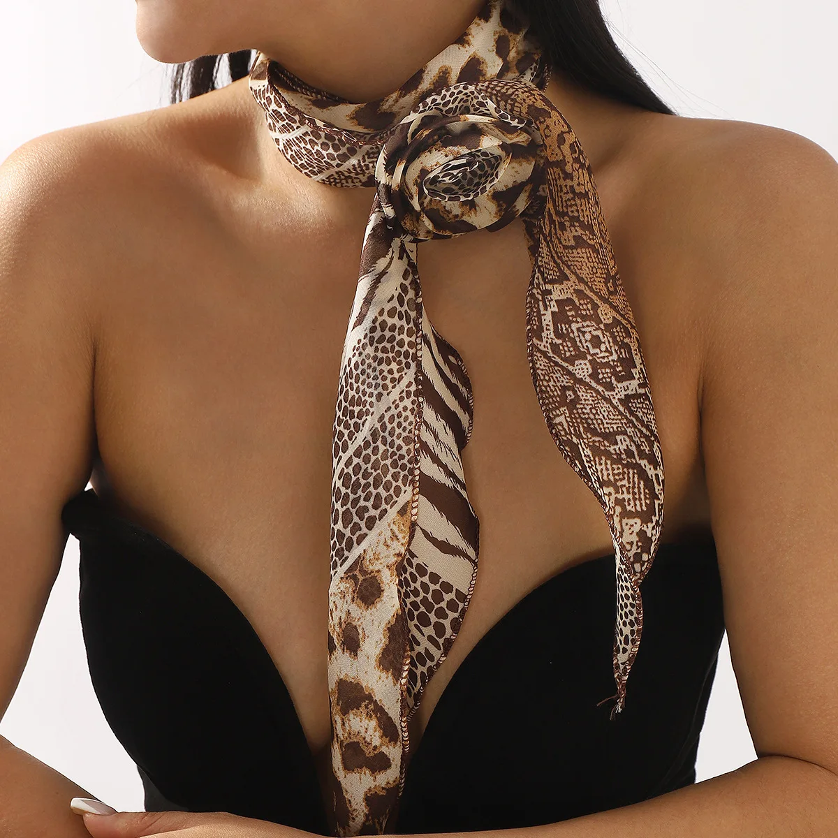 

Summer long silk scarf 2025 new sense of leopard polka dot roses fashion versatile silk scarf neck decoration