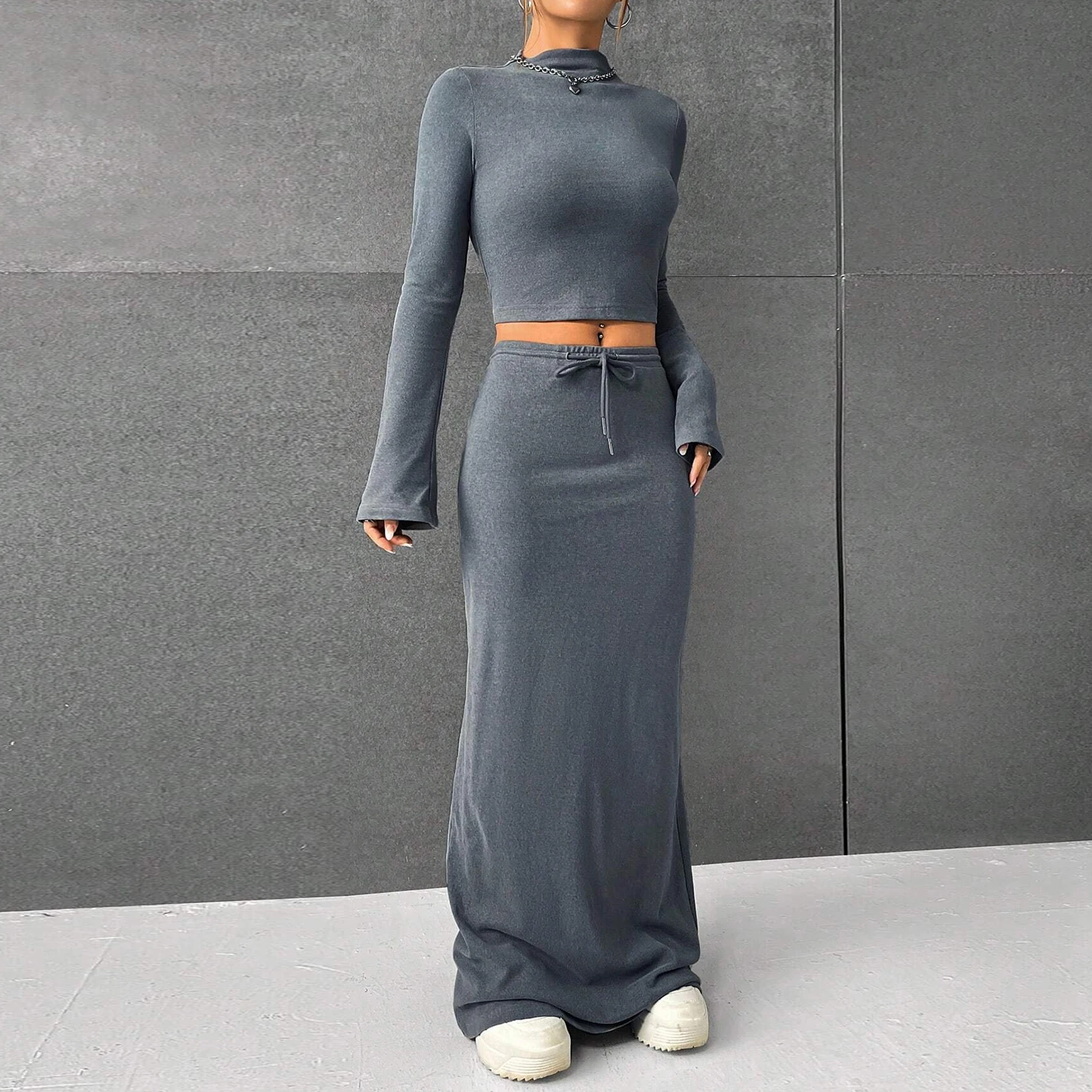 Women Y2K 2 Piece Co Ord Outfits Set Solid Color High Turtle Neckline Long Sleeve Tunic Tube Top High Waist Skinny Long Skirt