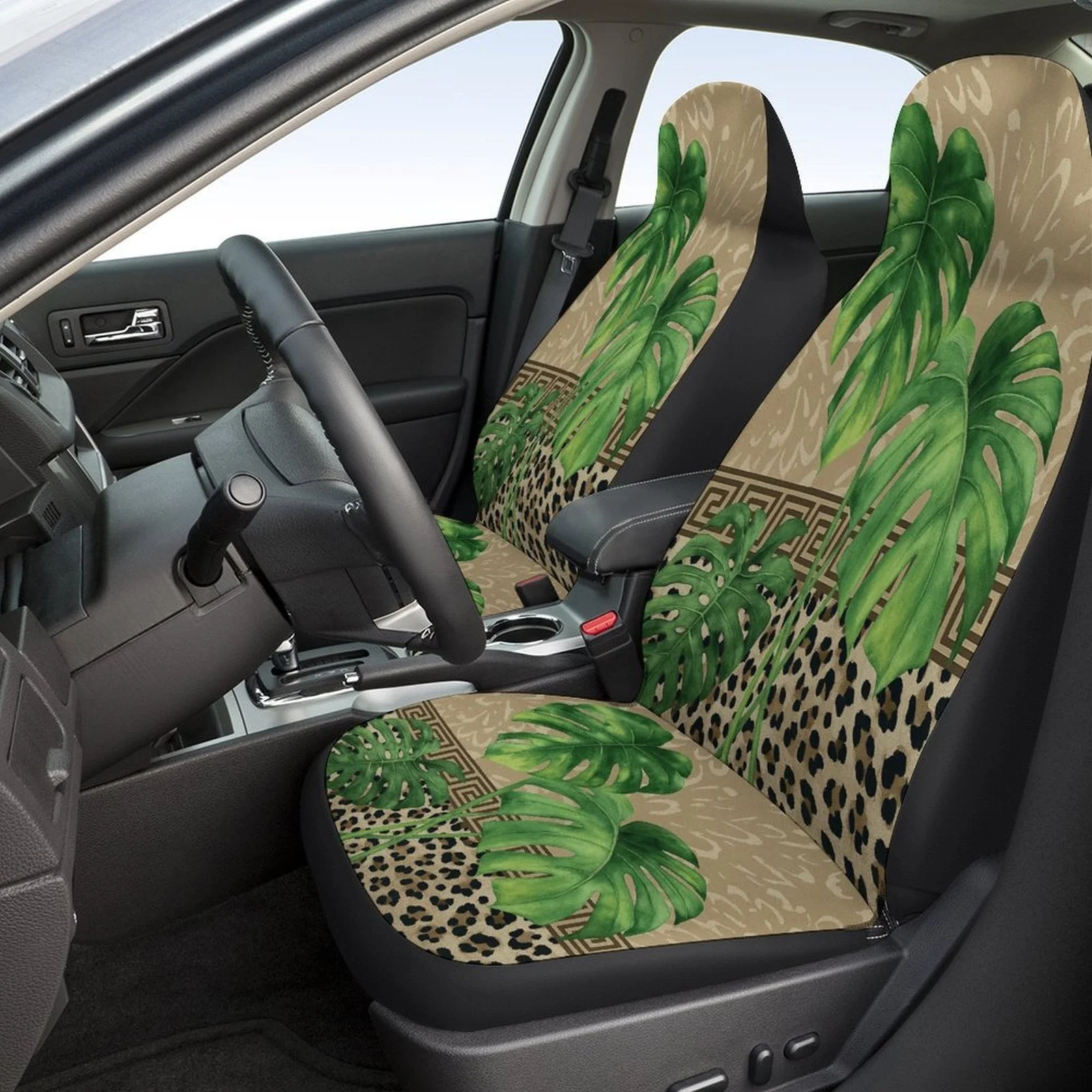 Set Of Car Seat Covers Featuring Monstera Leaves, Suitable For A Variety Of Vehicles. Stylish And Durable, This Complete Set Inc