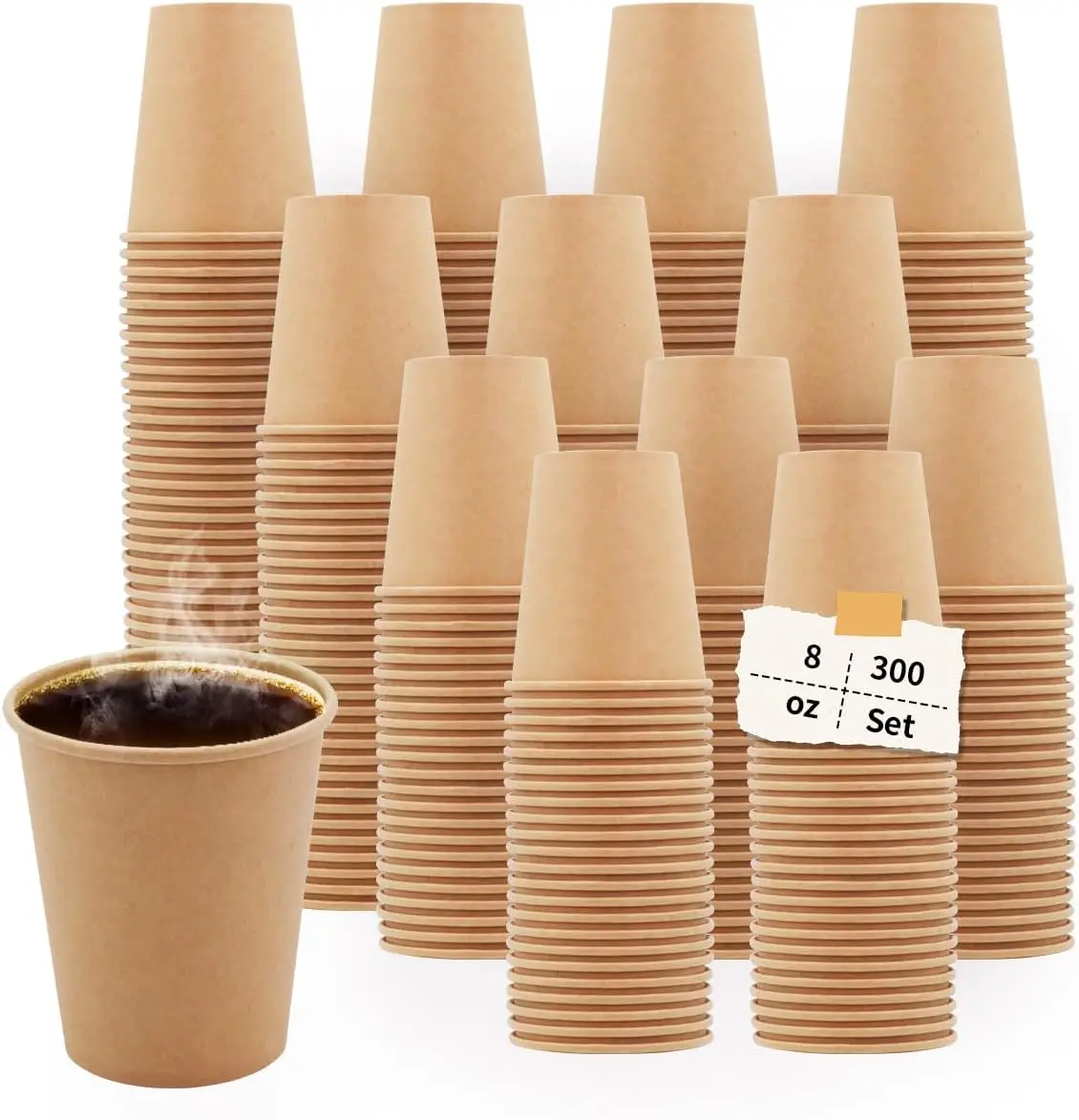 

8 oz Kraft Paper Cups, 300 Count Disposable Hot/Cold Beverage Cups for Picnic, Office, Home Use