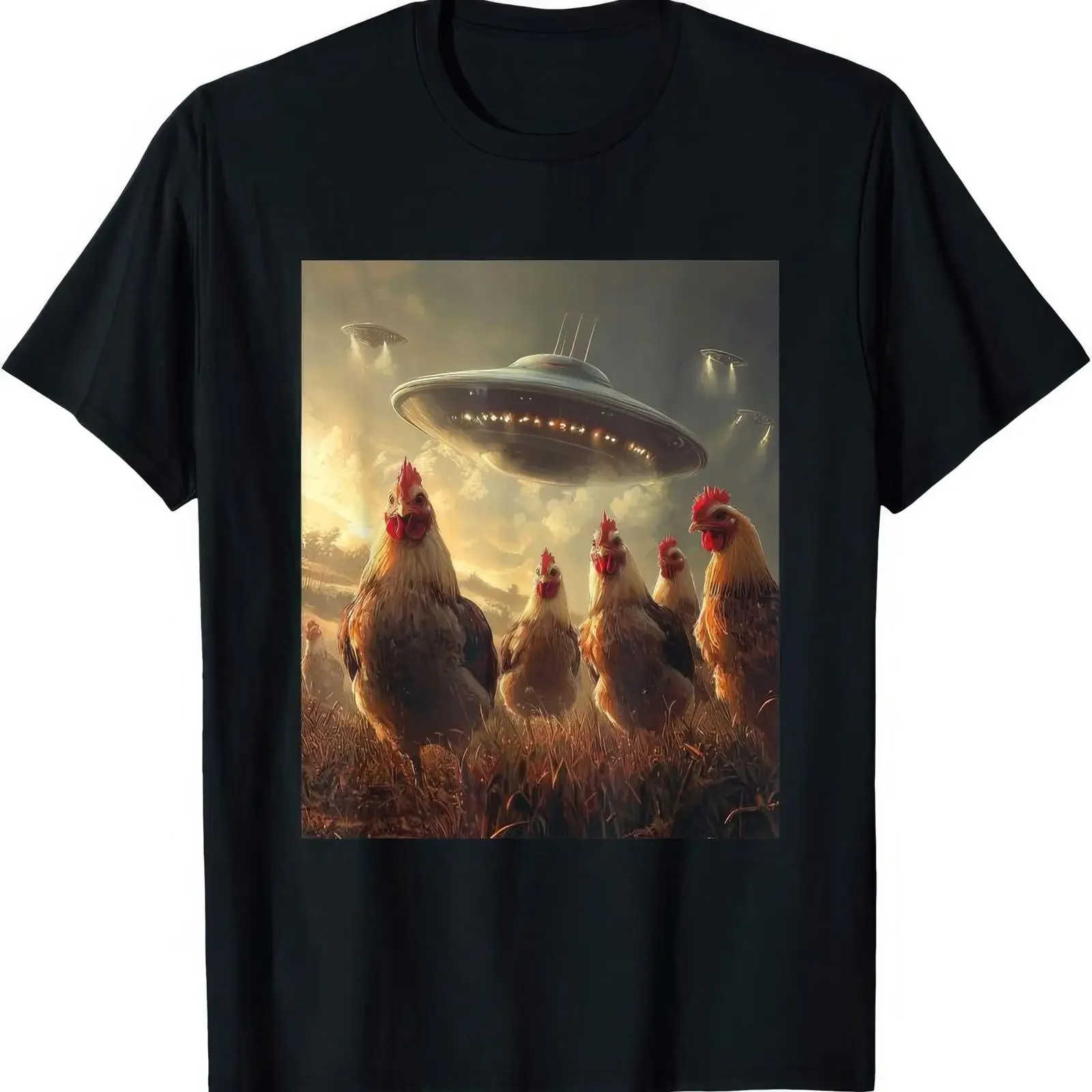 Chicken Selfie With Spaceship UFO Funny T Shirt vintage Washed Slightly Breathable graphic Stretched Unisex Soft