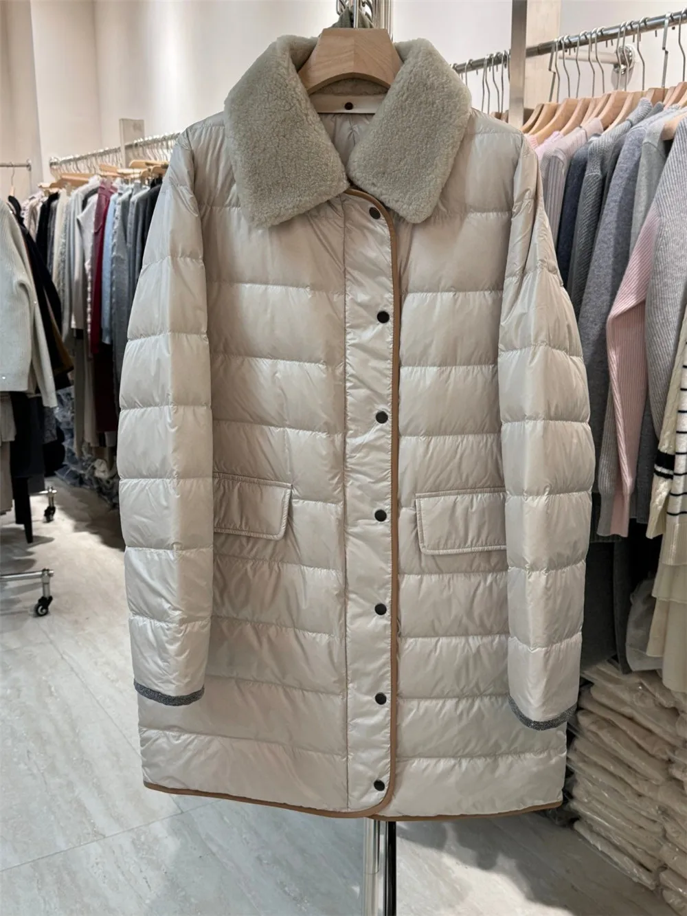 Women's Beading Goose DownJacket Wool Lapel Med-Length Casual Loose Puffer Coats Autumn Winter New