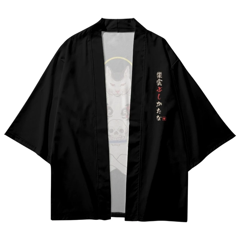 Bebovizi Ukiyo-e Cat Samurai Cosplay Kimono Streetwear Men Women Cardigan Harajuku Robe Anime Clothes Summer Black Beach Shirts