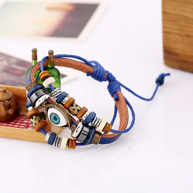 Punk Harajuku Rock and roll Individuality Fashionable String of beads Eye Bracelet Size adjustable Couple Leather Wristband