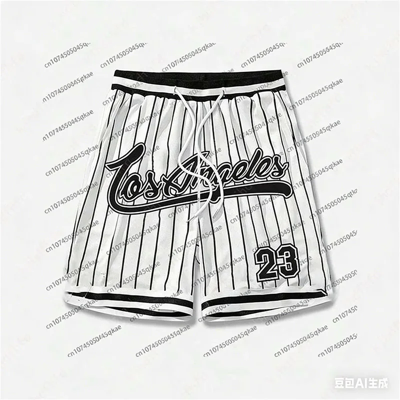 

Los Angeles 23 Men Loose Beach Surfing Shorts Drawstring Quick Dry Stripe 3D Print Short For Summer Unisex Oversize Sport Shorts