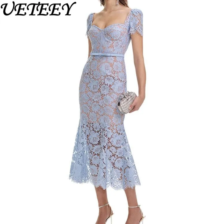 Frühling Sommer Neue Promi Temperament Elegante Square Neck Hohe Taille Dünnes Langes Kleid Spitze Kurzarm Fischschwanz Kleider