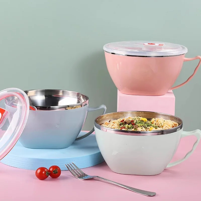 1PCS Stainless Steel Bowl with Handle Solid Color Anti Scalding Instant Noodles Mixing Bowl Kitchen Tableware Food Accessory