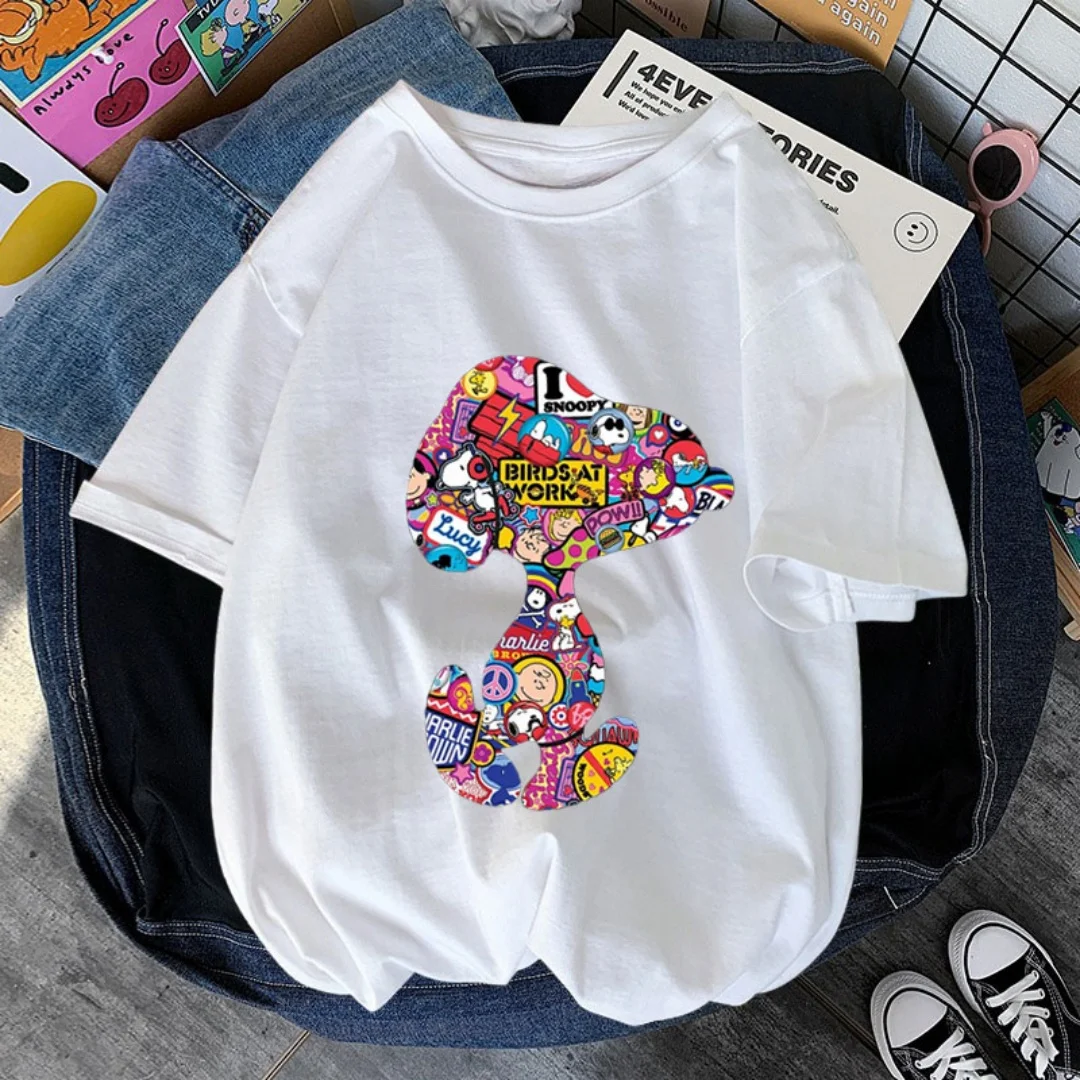 

Womens MINISO Snoopy Printed Cotton Tshirt Short Sleeve Crewneck Comfortable Soft Tee Casual Breathable Top For Women