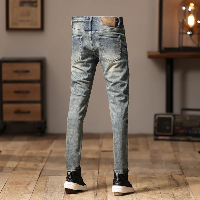 High Street Fashion Men's Jeans Vintage Blue Elastic Slim Fit Designer Bicycle Jeans Homme Spliced Hip Hop Jeans Men's Pants