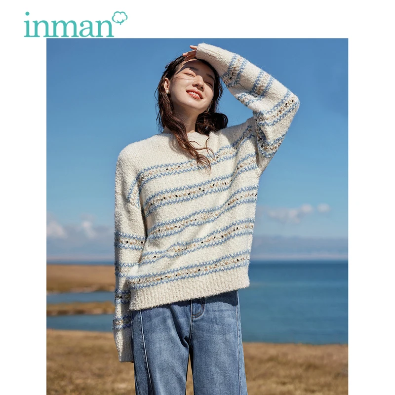 INMAN Women Sweater 2023 Winter Long Sleeve Round Neck Loose Knitwear Blue and White Stripe Golden Yarn Casual Versatile Tops