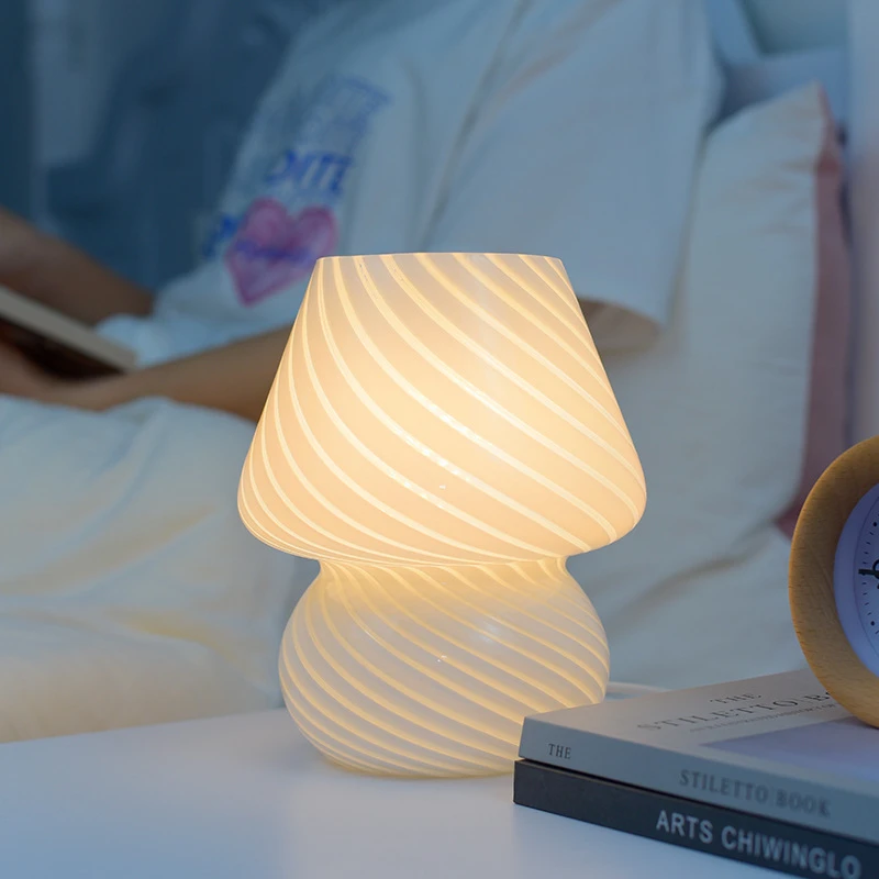 Ins Creative Glass LED Lamp Bedroom Bedside Table Night Light Striped Frosted Mushroom Table Simple Decoration Cute Translucent