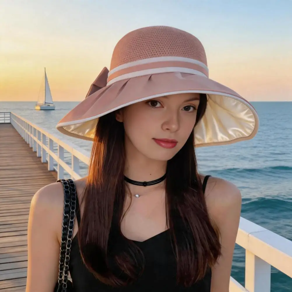 Women Hollow Knit Bucket Hat UV Protection Wide Brim Sun Hat Foldable Summer Beach Bucket Caps for Beach Commute Outdoor