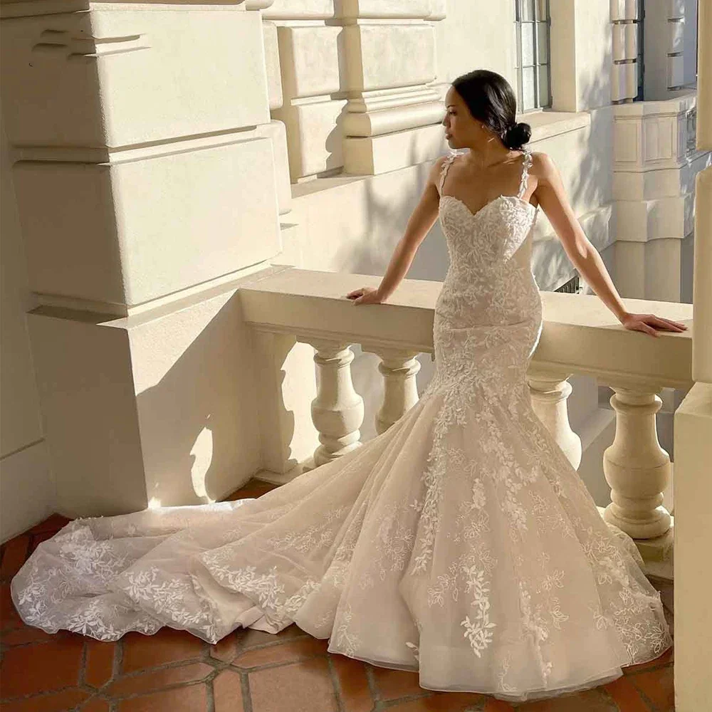 Onelife personalizado luxo apliques cintas de espaguete sereia vestidos de casamento miçangas brilho renda capela trem vestido de noiva