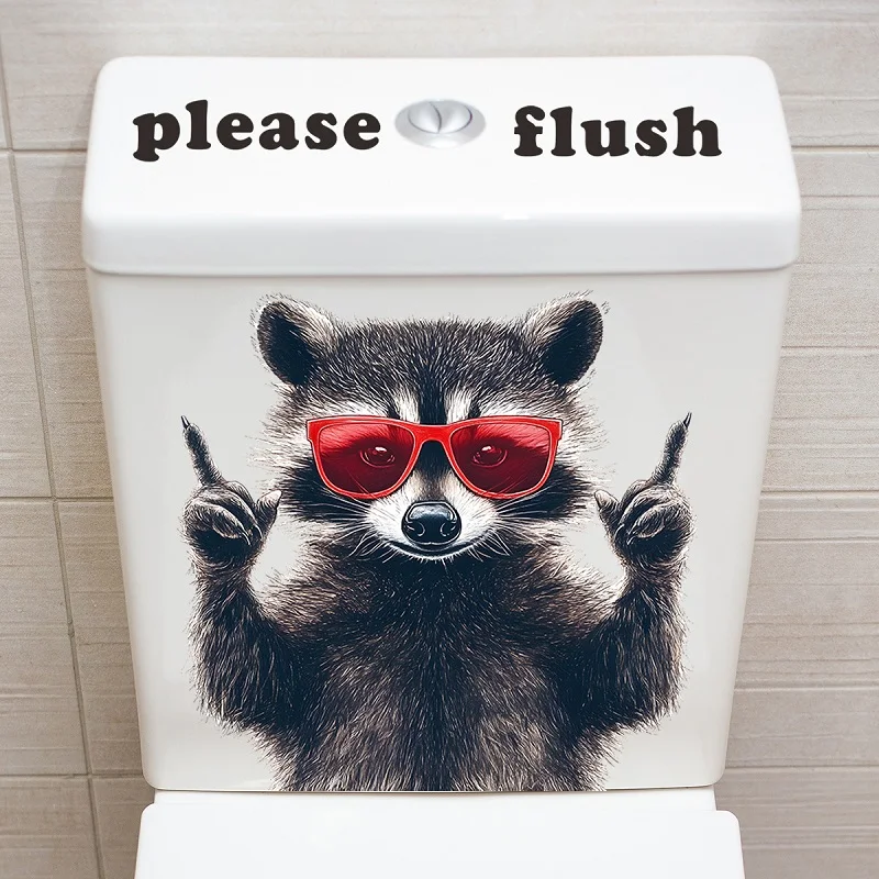 Red-Eyed Raccoon Wall Sticker Bathroom Waterproof Toilet Seat Cover with Self-Adhesive Please Flush Wall Sticker PVC