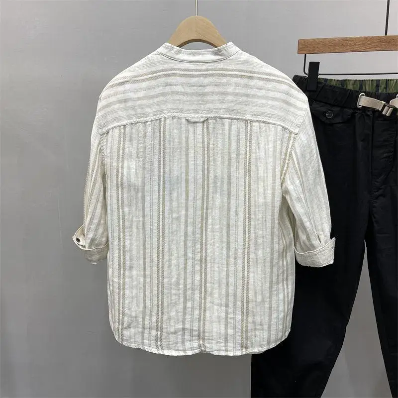 Spring Summer Men's Striped Shirt French Casual Fashion Simple Loose Male Commuting Seven Quarter Sleeve Stand Collar Shirts