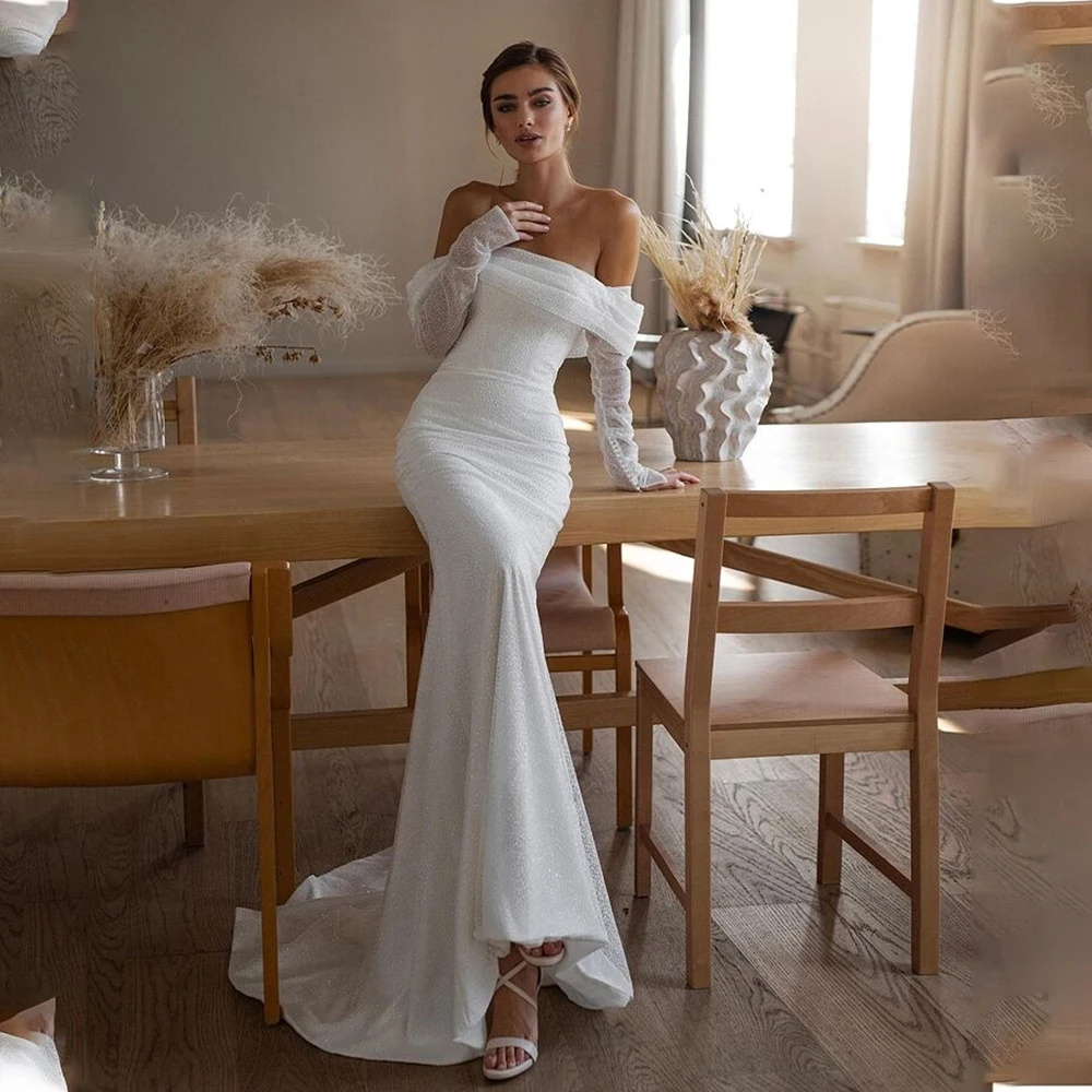 

Shiny Off The Shoulder Detachable Long Sleeves Strapless Sheath Wedding Dresses Sweep Train Custom Made 2026 Rode De Morrie