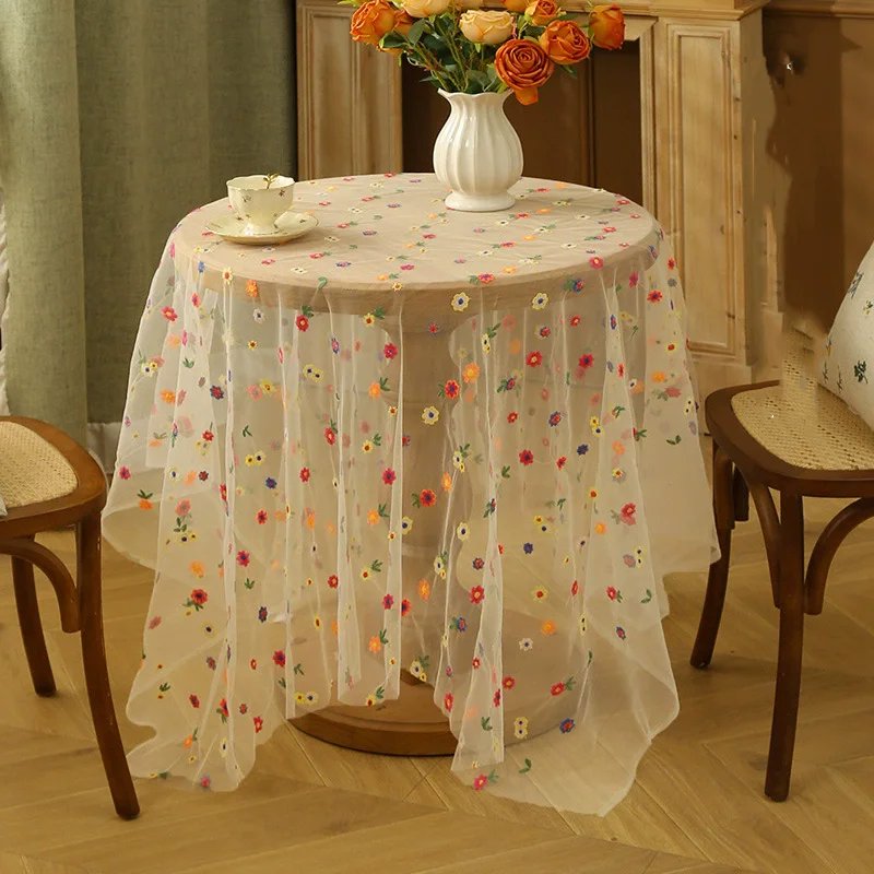 Colorful Floral Embroidery Tablecloth Mesh Texture Decorative Cloth Photography Prop Cloth Dopamine Color Matching