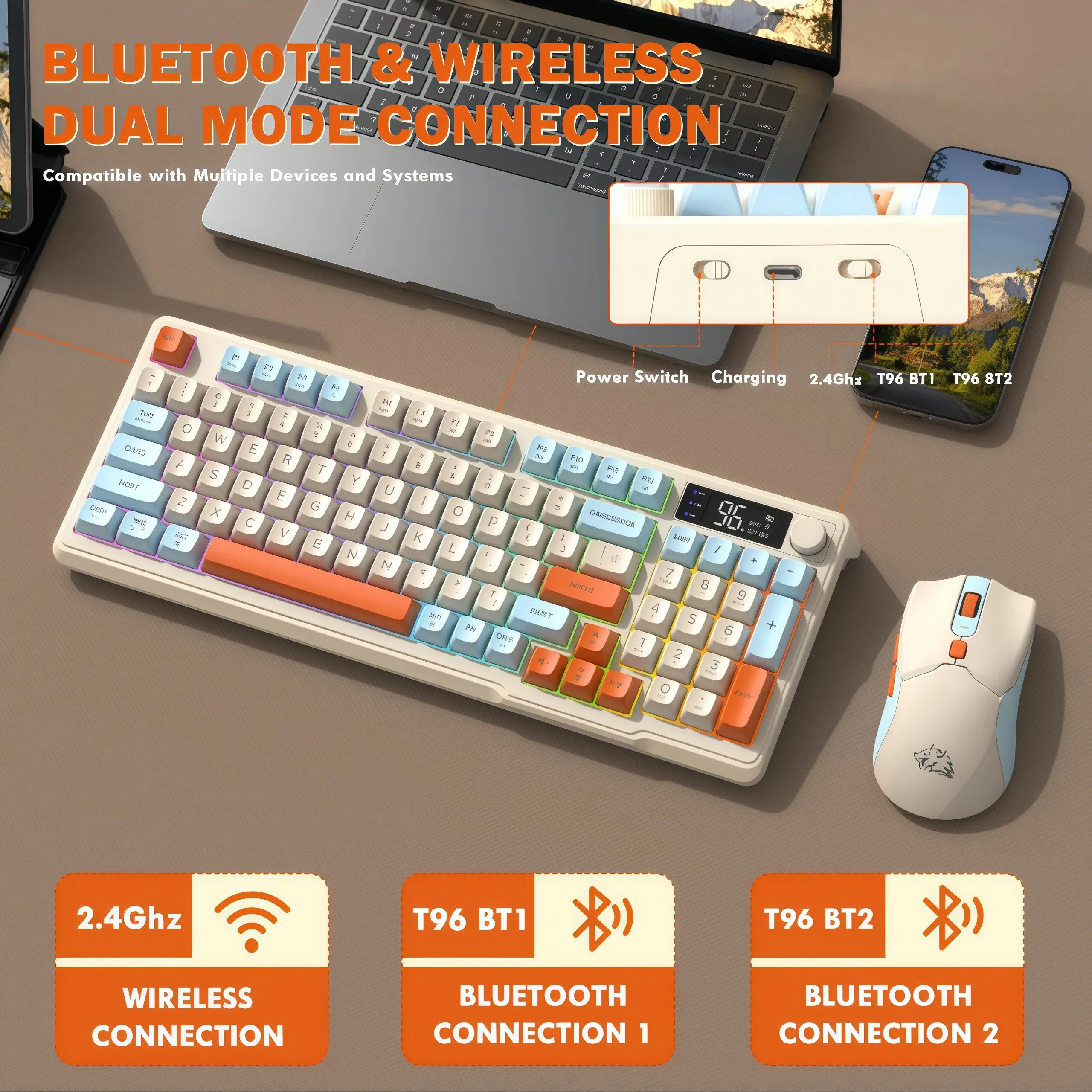FREEWOLF T96 Wireless Keyboard Mouse Combo, 96-Key RGB Keyboard 
