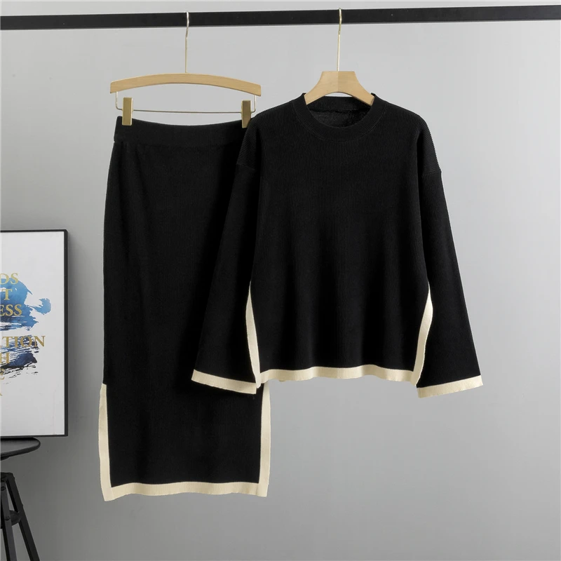 Nowy jesienny damski sweter dwuczęściowy zestaw z dzianiny Casual O Neck Long Sleeve Pullover Tops And Elastic Waist Midi Skirt Suit