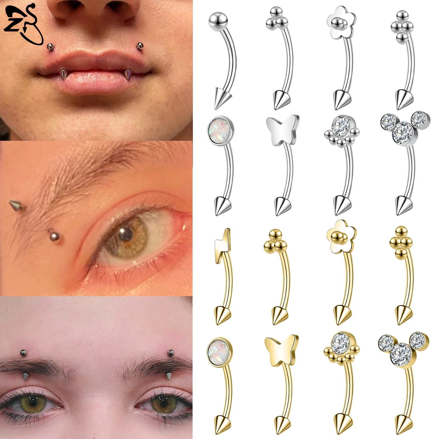 ZS 1 Piece Curved 16G/18G Stainless Steel Eyebrow Ring 6/8/10MM Butterfly Flower Shape Eyebrow Piercing Helix Cartilage Jewelry