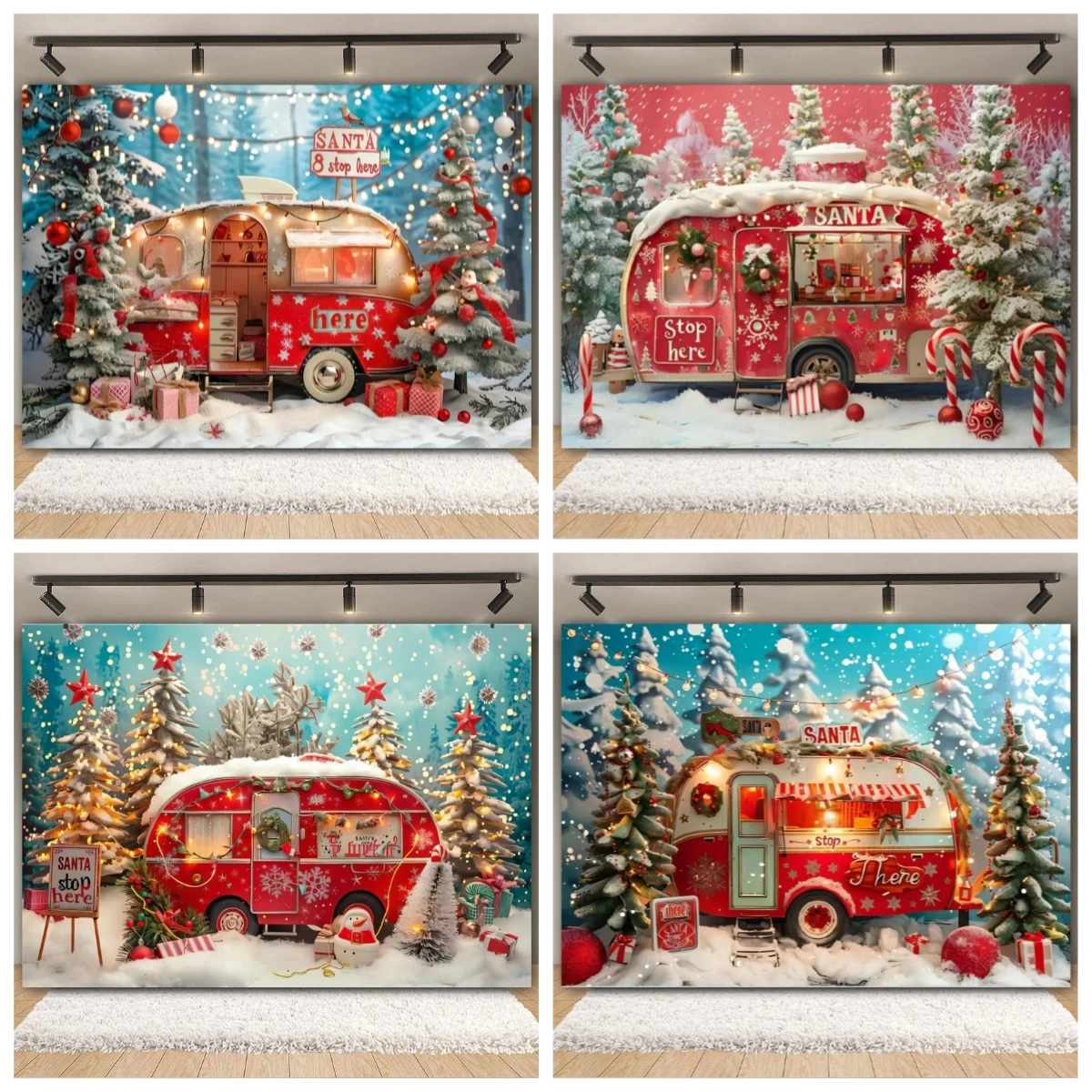 

Christmas Truck Photography Backdrop Xmas Tree Winter Forest Snow Candy Cane Gifts Kids Portrait Family Party Photo Background