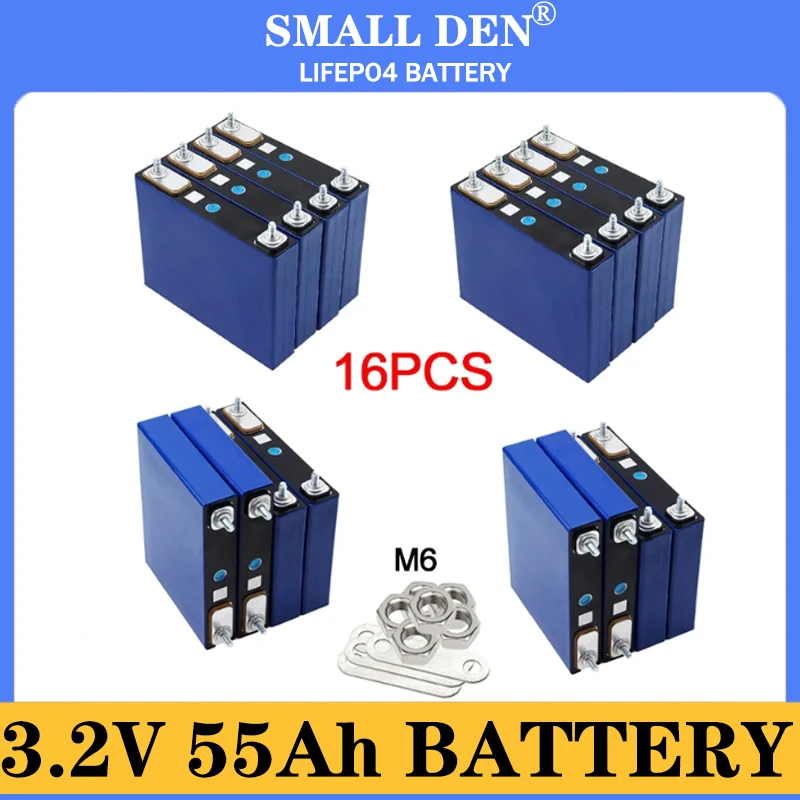 

16PCS New 3.2V 55Ah LiFePO4 battery pack 3C High power diy 12v 24v Electric vehicle boat tricycle RV Inverter Home Solar light