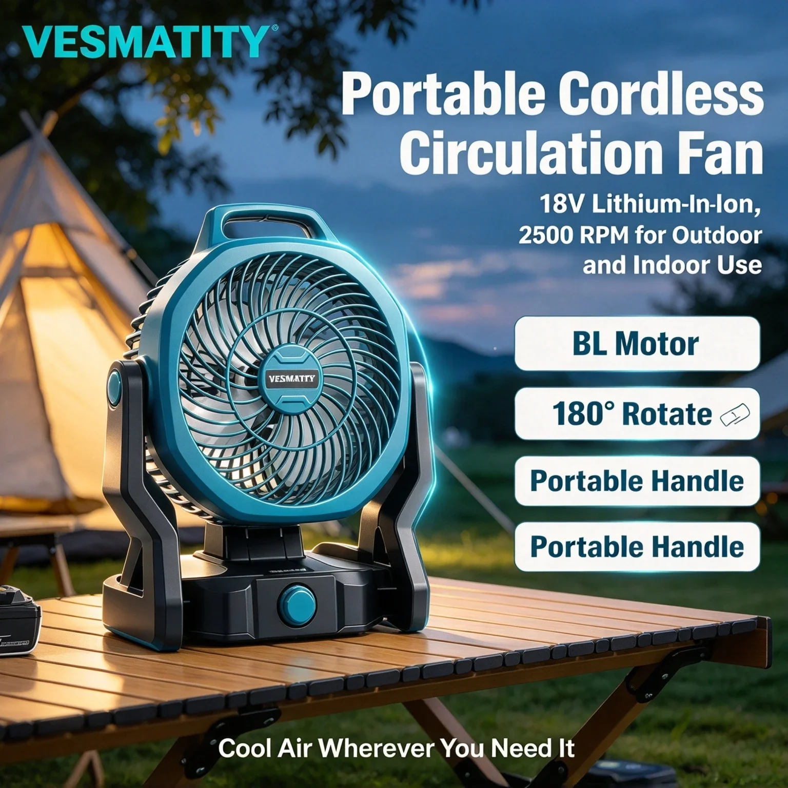 Vesmatity Fan Metal Cordless 18V 20V 8 Inch Camping Portable Desktop Floor 2 Speed Strong Wind Jobsite Power Tool Plus