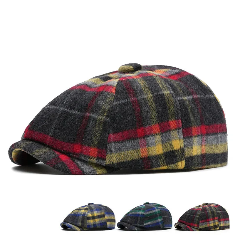 Lightweight Warm Faux Wool Newsboy Cap, Soft Tartan Plaid Ivy Beret Hat, Retro Check Flat Driving Cap for Fall Winter