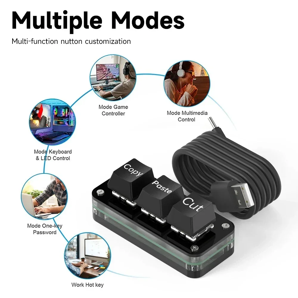 Keyboard Mini RGB pemrograman makro 3 tombol untuk Photoshop Gaming Hotswap Keypad pemrograman Copy Paste tombol Mini Macropad