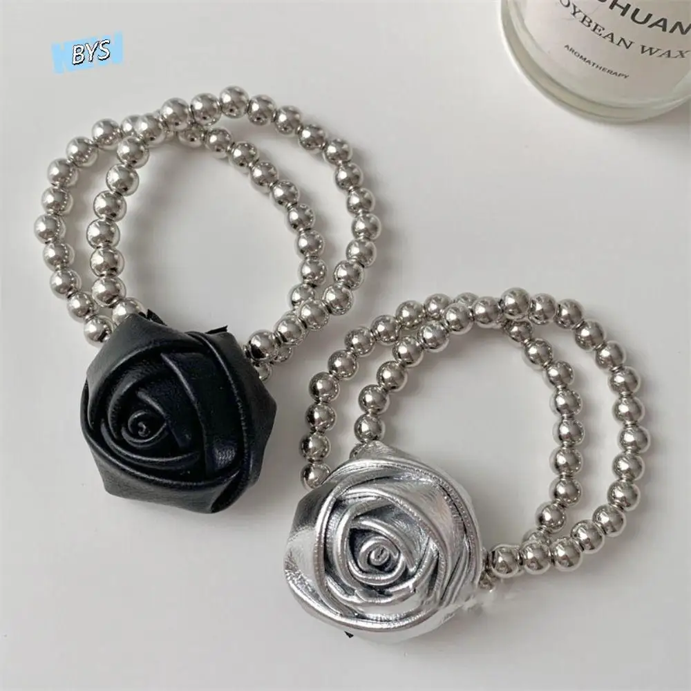 

Hair Tie Pu Leather Rose Hair Rope Flower Ponytail Holder Beads Bracelet Hair Accessories Headwear Elastic Hair Band Girls