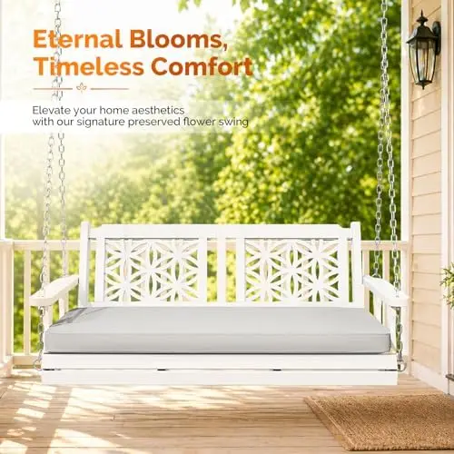 4.5 FT Outdoor Porch Swing with Cushions, Heavy Duty 880 LBS 2-Person Wooden Patio Swings with Eternal Flower Pattern