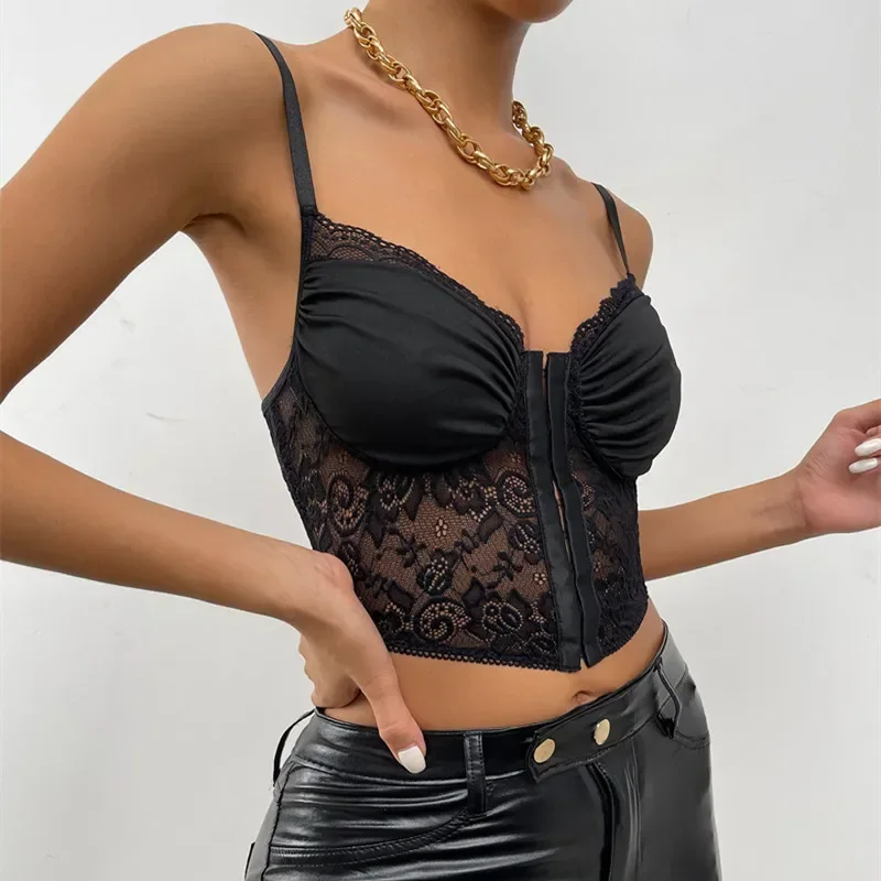 Lace Sweetheart Pleated Cropped Sleeveless Tank Tops Summer Female Strap Slim Fit Camisole Summer Ladies Crop Top Corset